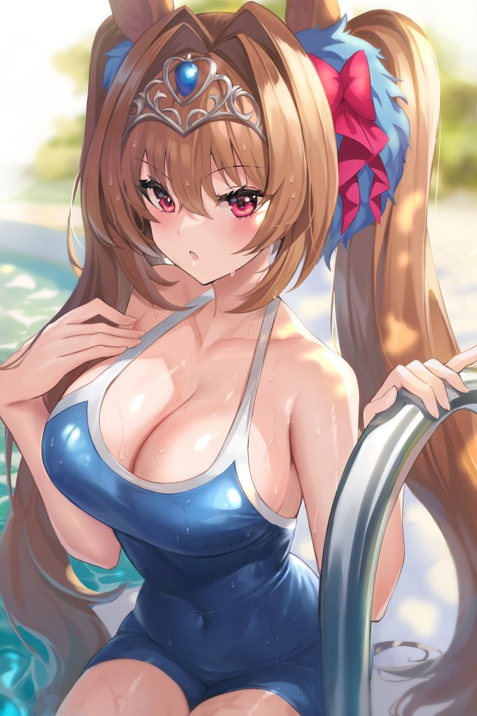 1girl animal_ears blue_swimsuit breasts brown_hair cleavage collarbone covered_navel daiwa_scarlet_(umamusume) doco_(doco3811) hair_intakes horse_ears large_breasts long_hair looking_at_viewer one-piece_swimsuit outdoors pink_eyes poolside school_swimsuit solo swimsuit tiara twintails umamusume very_long_hair wet