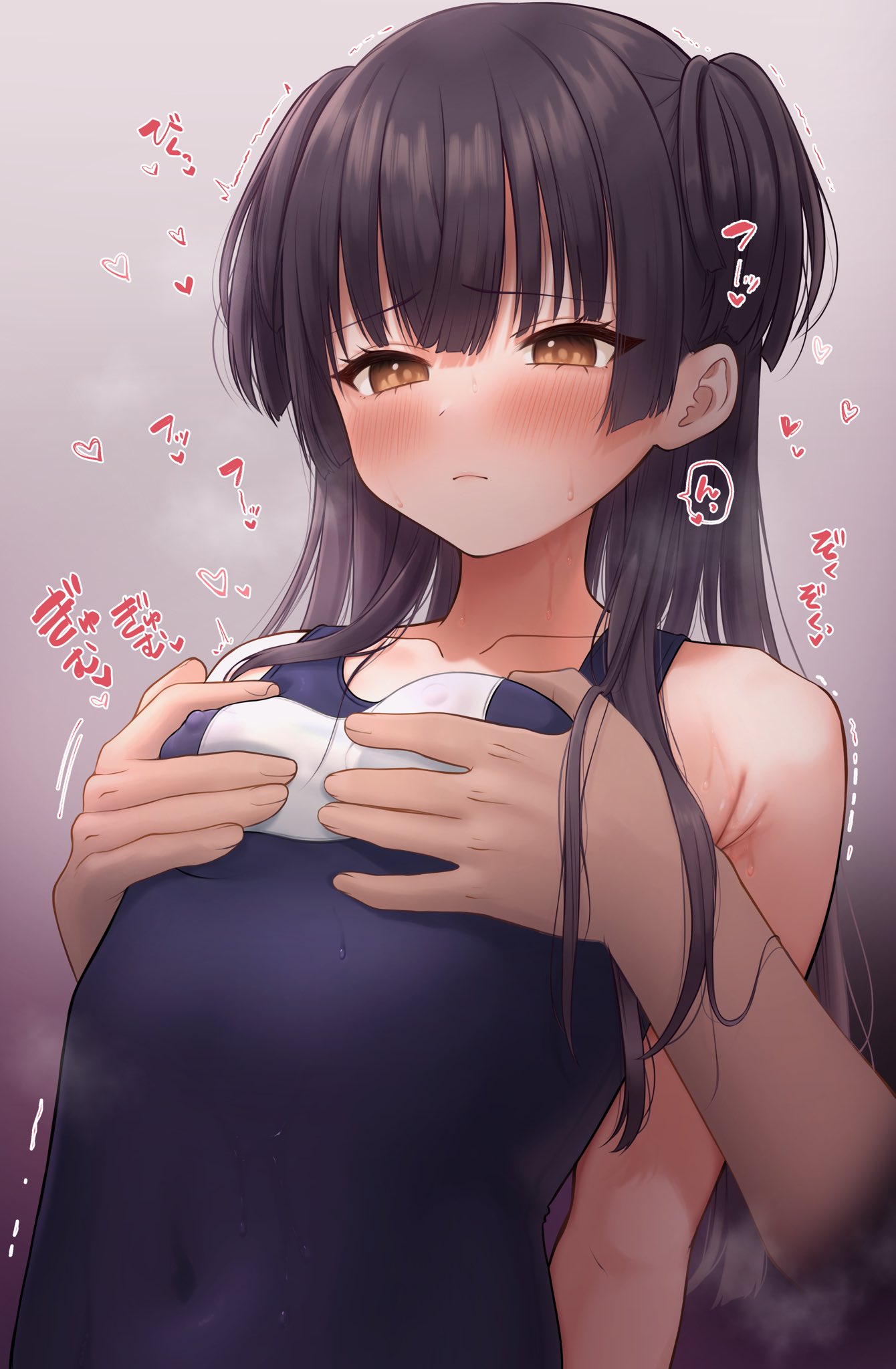 1girl armpit_crease arms_behind_back black_hair blue_swimsuit blush breast_grab breasts brown_eyes closed_mouth collarbone commentary covered_navel covered_nipples disembodied_limb eyebrows_visible_through_hair eyelashes frown furrowed_brow grabbing grabbing_from_behind gradient gradient_background grey_background highres idolmaster idolmaster_shiny_colors long_hair mayuzumi_fuyuko one-piece_swimsuit purple_background school_uniform simple_background small_breasts solo_focus sound_effects steaming_body sweat swimsuit takio_(kani_sama) trembling two-tone_background two_side_up upper_body