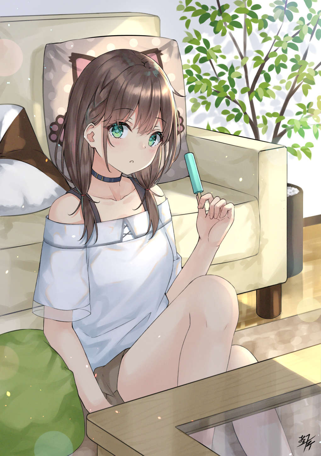 1girl :o bangs bare_shoulders brown_hair brown_shorts collarbone commentary_request couch eyebrows_visible_through_hair food green_eyes hair_between_eyes hair_over_shoulder hand_up highres holding holding_food knee_up long_hair low_twintails miko_fly off-shoulder_shirt off_shoulder original parted_lips pillow plant potted_plant shirt short_shorts short_sleeves shorts signature solo table twintails white_shirt wooden_floor