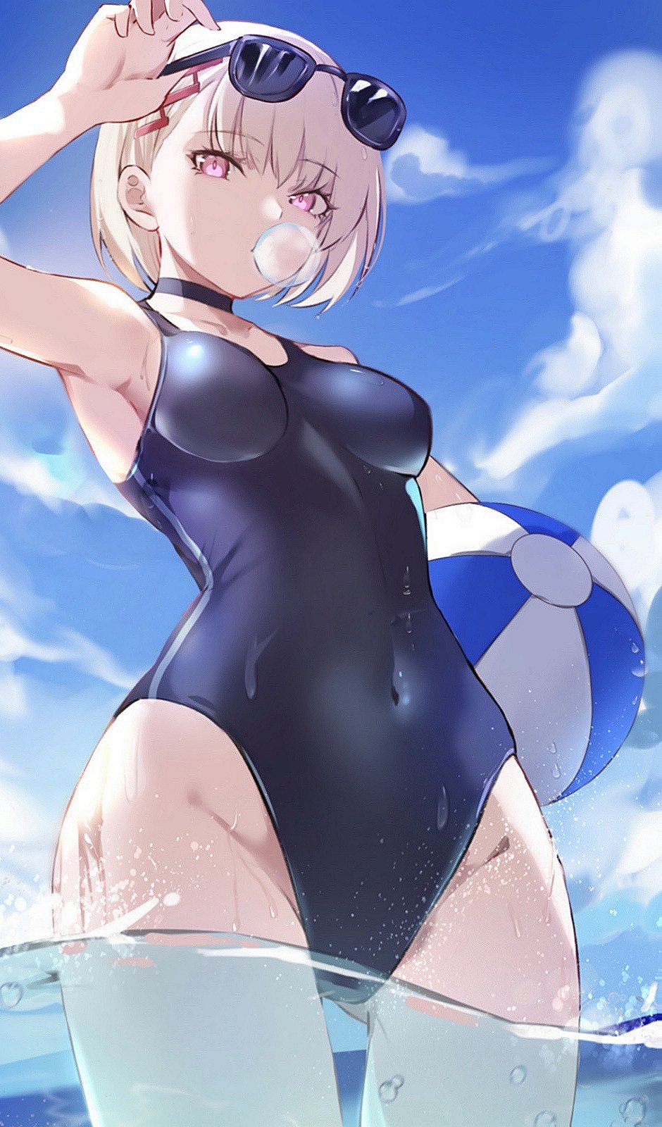 1girl ball bangs blue_choker blue_sky blue_swimsuit breasts bubble_blowing chewing_gum choker cloud covered_navel day eyebrows_visible_through_hair eyewear_on_head hand_up highres holding holding_ball looking_at_viewer medium_breasts one-piece_swimsuit original partially_submerged pink_eyes short_hair sky solo spider_apple sunglasses swimsuit thighs water wet white_hair