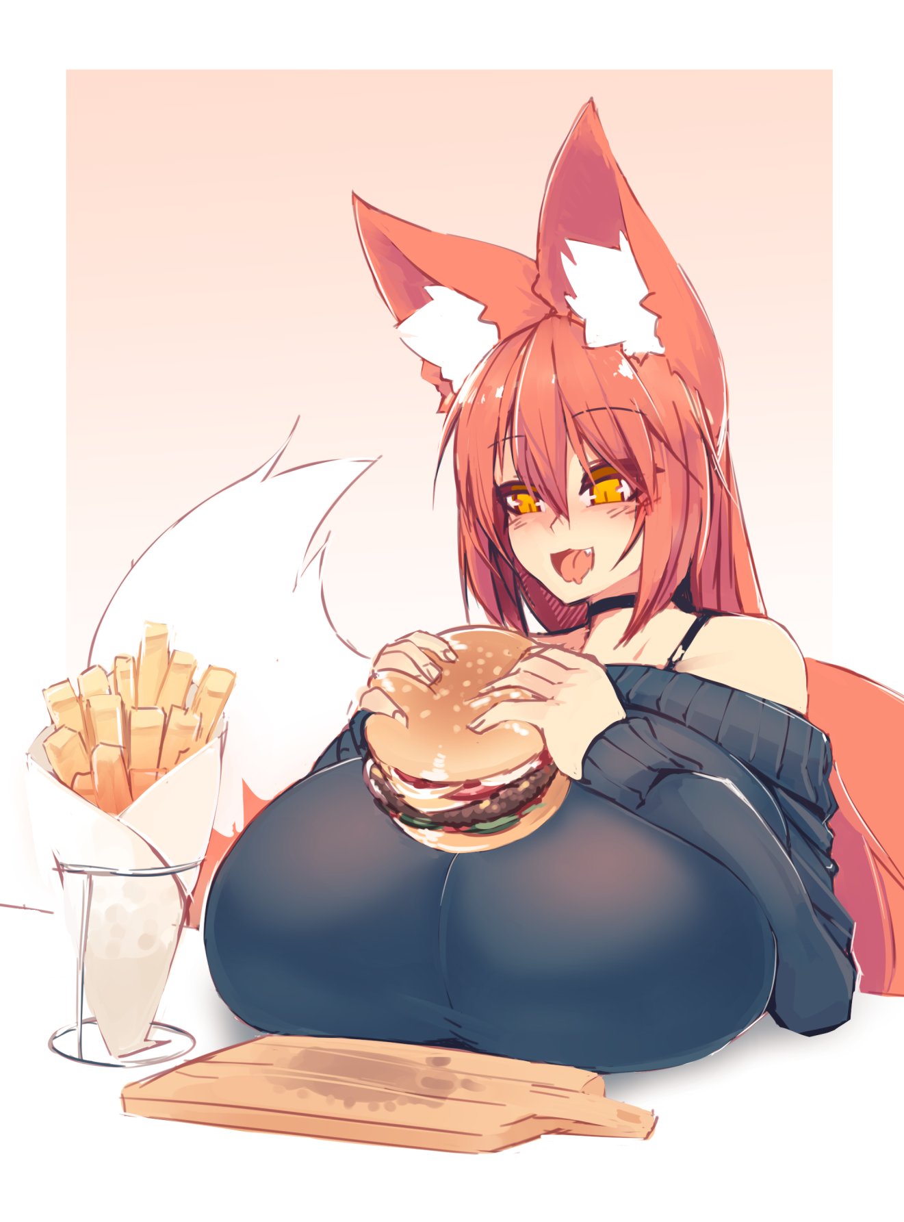 1girl animal_ear_fluff animal_ears bangs black_choker breast_rest breasts burger choker commentary cutting_board english_commentary eyebrows_visible_through_hair fang food fox_ears fox_girl fox_tail french_fries gigantic_breasts hair_between_eyes highres large_tail long_hair long_sleeves off_shoulder orange_eyes original red_hair sam_(sub-res) simple_background solo sub-res tail upper_body