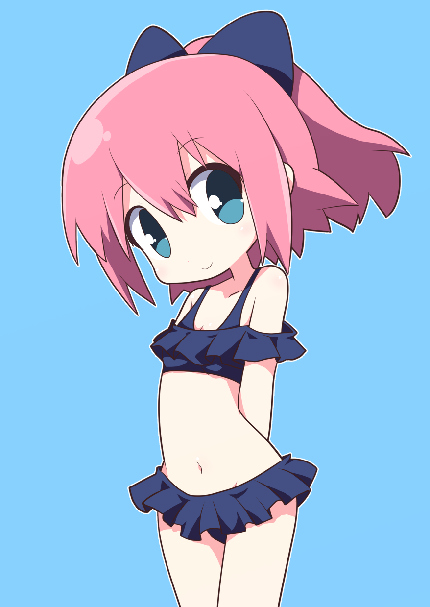1girl bangs bare_shoulders bikini black_bikini blue_background blue_bow blue_eyes bow check_commentary chibi closed_mouth commentary_request eyebrows_visible_through_hair frilled_bikini frills hair_between_eyes hair_bow highres looking_at_viewer navel original osaragi_mitama pink_hair ponytail simple_background smile solo swimsuit