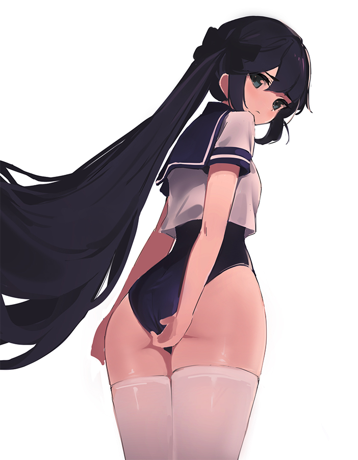 1girl ass black_hair black_swimsuit blue_eyes bow breasts closed_mouth commentary cowboy_shot crop_top crop_top_overhang from_behind genshin_impact hair_bow long_hair looking_at_viewer looking_back mona_(genshin_impact) no_hat no_headwear one-piece_swimsuit ponytail prpr_friends sailor_collar sailor_shirt shirt short_sleeves simple_background small_breasts solo swimsuit thighhighs thighs very_long_hair white_background white_legwear white_shirt