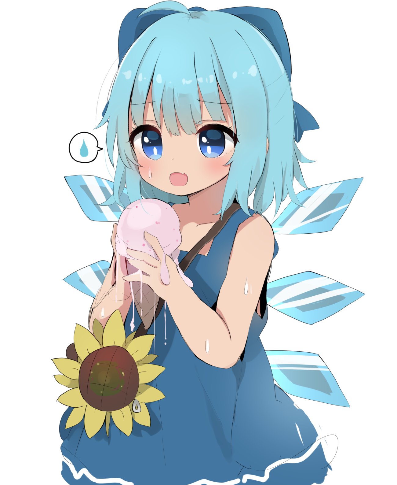 1girl ahoge antidote bangs blue_bow blue_dress blue_eyes blue_hair bow bright_pupils cirno dress eyebrows_visible_through_hair flower food hair_bow highres holding holding_food ice ice_cream ice_wings melting open_mouth pinafore_dress short_hair simple_background solo spoken_sweatdrop sunflower sweat sweatdrop tanned_cirno touhou white_background white_pupils wings