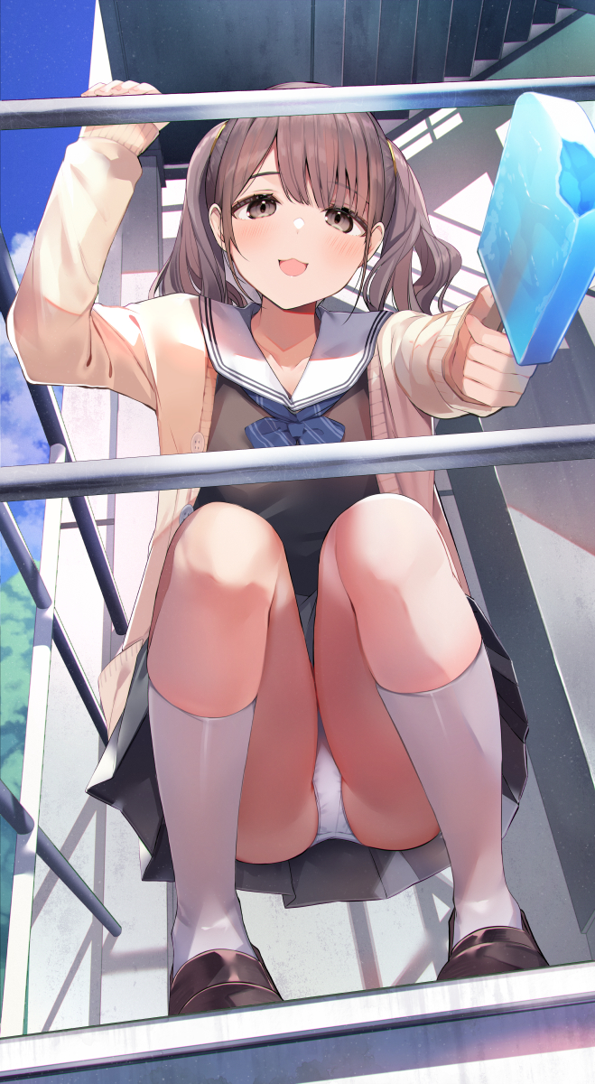 1girl banned_artist blue_sky brown_eyes brown_footwear brown_hair cardigan cloud collarbone day food highres long_sleeves looking_at_viewer open_mouth original outdoors panties popsicle sailor_collar school_uniform shoes short_hair sky smile socks solo squatting tetsubuta twintails underwear white_panties white_sailor_collar