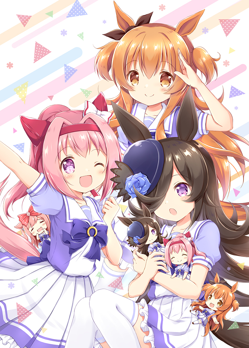 6+girls ;d agnes_digital_(umamusume) animal_ears arm_up bangs black_hair black_ribbon blue_bow blue_shirt blush bow brown_eyes brown_hair character_request closed_mouth commentary_request ear_ribbon eyebrows_visible_through_hair frilled_skirt frills hair_intakes hair_over_one_eye hairband haru_urara_(umamusume) highres horse_ears horse_girl horse_tail long_hair mayano_top_gun_(umamusume) minigirl multiple_girls nanase_miori one_eye_closed open_mouth outstretched_arm pink_hair pleated_skirt ponytail puffy_short_sleeves puffy_sleeves purple_eyes red_hairband ribbon rice_shower_(umamusume) school_uniform shirt short_sleeves skirt smile tail thighhighs tracen_school_uniform umamusume very_long_hair white_legwear white_skirt