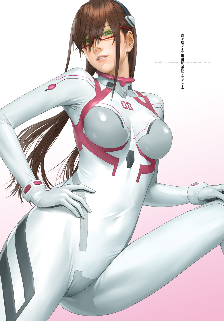 1girl bangs bodysuit breasts brown_hair evangelion:_3.0+1.0_thrice_upon_a_time glasses gradient gradient_background green_eyes hair_ornament hand_on_hip interface_headset long_hair looking_at_viewer makinami_mari_illustrious multicolored multicolored_bodysuit multicolored_clothes neon_genesis_evangelion number parted_lips pilot_suit plugsuit rebuild_of_evangelion red-framed_eyewear semi-rimless_eyewear shiny shiny_clothes skin_tight solo under-rim_eyewear watanabe_yasuaki white_bodysuit