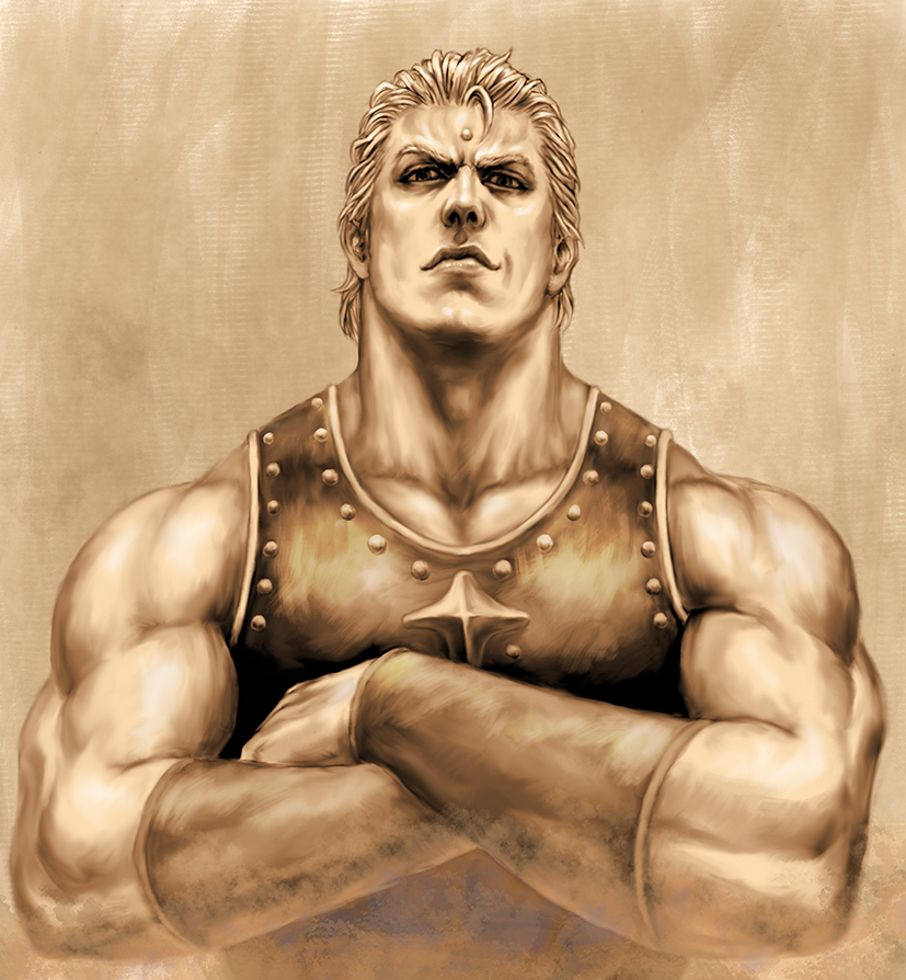 1boy arm_guards armor blonde_hair breastplate closed_mouth commentary_request crossed_arms gladiator hokuto_no_ken lips looking_at_viewer muscular muscular_male sepia sepia_background short_hair solo souther tall tsunetarou_(yasu) upper_body