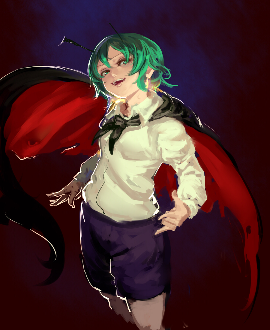 antennae bangs black_cape blue_shorts breasts cape collared_shirt evil_smile green_eyes green_hair inishie_kumo long_sleeves red_cape shirt short_hair shorts small_breasts smile touhou two-sided_cape two-sided_fabric white_shirt wriggle_nightbug