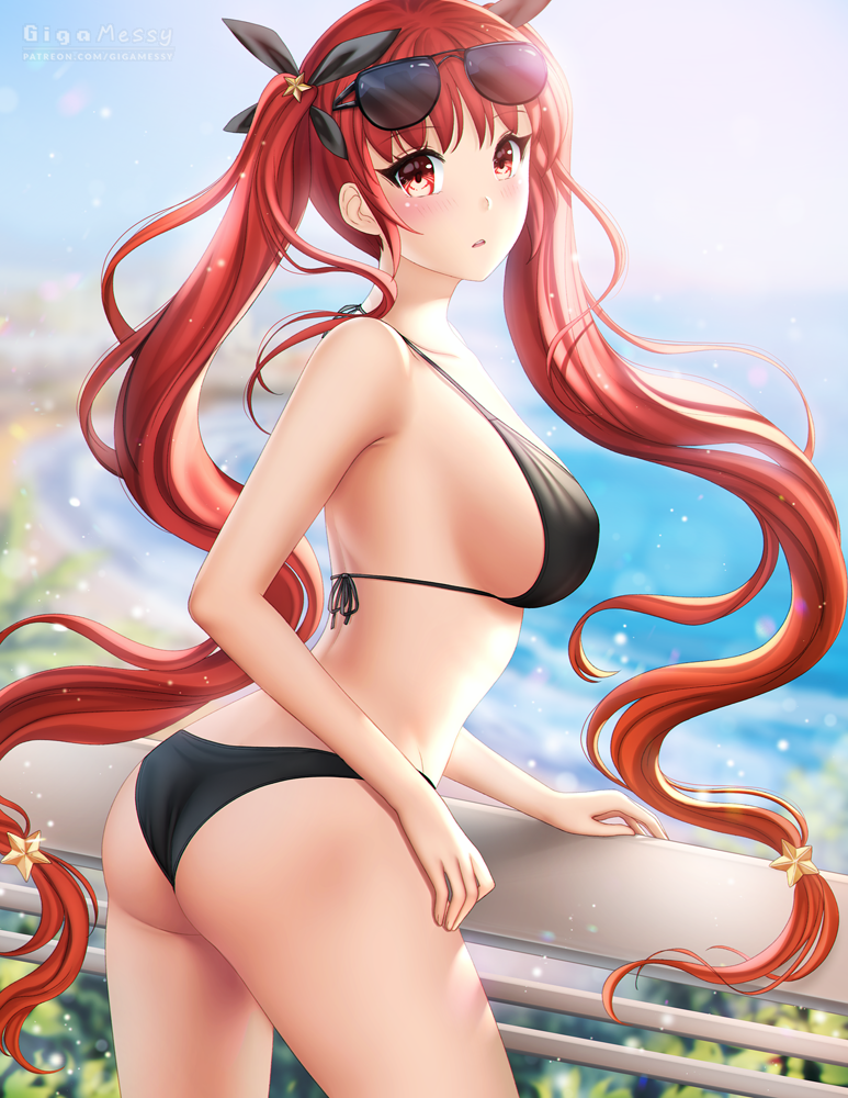 1girl ass azur_lane bangs beach bikini blurry blurry_background blush breasts eyewear_on_head floating_hair from_side gigamessy hair_ribbon halterneck hand_on_railing honolulu_(azur_lane) honolulu_(summer_accident?!)_(azur_lane) large_breasts long_hair looking_at_viewer medium_breasts ocean open_mouth red_eyes red_hair ribbon strap_gap sunglasses swimsuit twintails very_long_hair