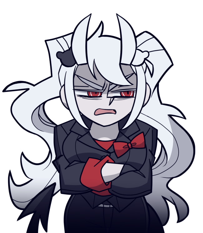 1girl alternate_hairstyle bags_under_eyes bangs bear_hair_ornament bini_(xocolatl_501) black_jacket black_pants bow bowtie breasts commentary_request cosplay_request cowboy_shot crossed_arms danganronpa_(series) danganronpa_2:_goodbye_despair demon_girl demon_tail enoshima_junko hair_ornament half-closed_eyes helltaker horns jacket large_breasts leaning_forward long_hair open_mouth pale_skin pants parody red_bow red_eyes red_shirt shirt solo tail transparent_background twintails white_horns