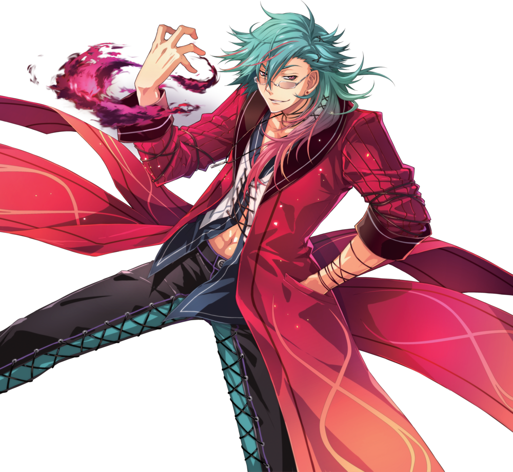1boy abs eiyuu_densetsu extraction fire glasses green_hair jacket long_hair mcburn open_clothes open_shirt sen_no_kiseki sen_no_kiseki_ii sen_no_kiseki_iii sen_no_kiseki_iv sleeves_rolled_up transparent_background