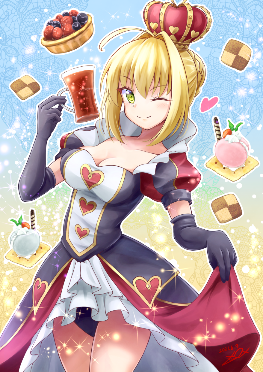 1girl ahoge alternate_costume blonde_hair braid braided_bun breasts cleavage closed_mouth clothes_lift collarbone cowboy_shot diffraction_spikes dress elbow_gloves eyebrows_visible_through_hair fate/grand_order fate_(series) food gloves gradient gradient_background green_eyes gu-rahamu_omega_x hair_intakes heart highres medium_breasts narrow_waist nero_claudius_(fate) nero_claudius_(fate/extra) one_eye_closed panties puffy_sleeves showgirl_skirt sidelocks skirt skirt_lift smile thighs underwear