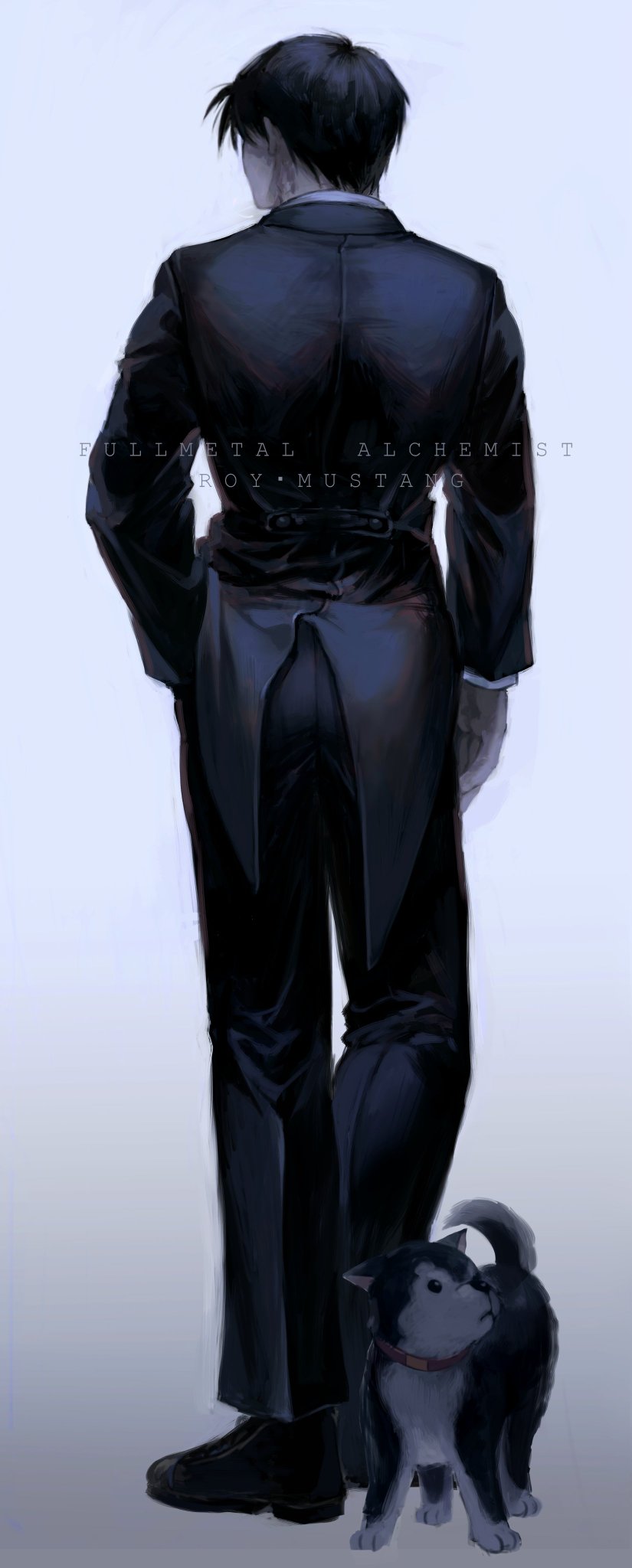 1boy animal animal_collar arms_at_sides black_footwear black_hair black_hayate black_jacket black_pants character_name collar contrapposto copyright_name dog facing_away formal from_behind full_body fullmetal_alchemist gradient gradient_background grey_background hand_in_pocket highres jacket light_blue_background male_focus messy_hair oxfords pants roy_mustang shirt shoes simple_background spiked_hair standing standing_on_one_leg tailcoat text_focus white_shirt yuu_(kotobana_0418)