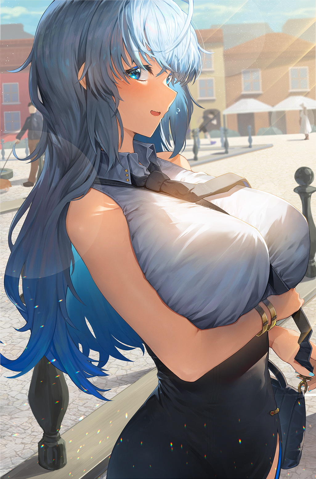 1girl ahoge arm_under_breasts bag between_breasts black_neckwear black_skirt blue_eyes blush bracelet breasts closed_eyes collared_shirt commentary cowboy_shot day eyebrows_visible_through_hair from_side furrowed_brow grey_shirt hair_between_eyes handbag high-waist_skirt highres jewelry large_breasts lens_flare light_blue_hair light_rays long_hair looking_at_viewer looking_to_the_side necktie neshia_(tsaqif0309) open_mouth original outdoors shirt shirt_tucked_in side_slit skirt sleeveless sleeveless_shirt solo_focus strap_between_breasts sunlight sweatdrop taut_clothes taut_skirt wing_collar