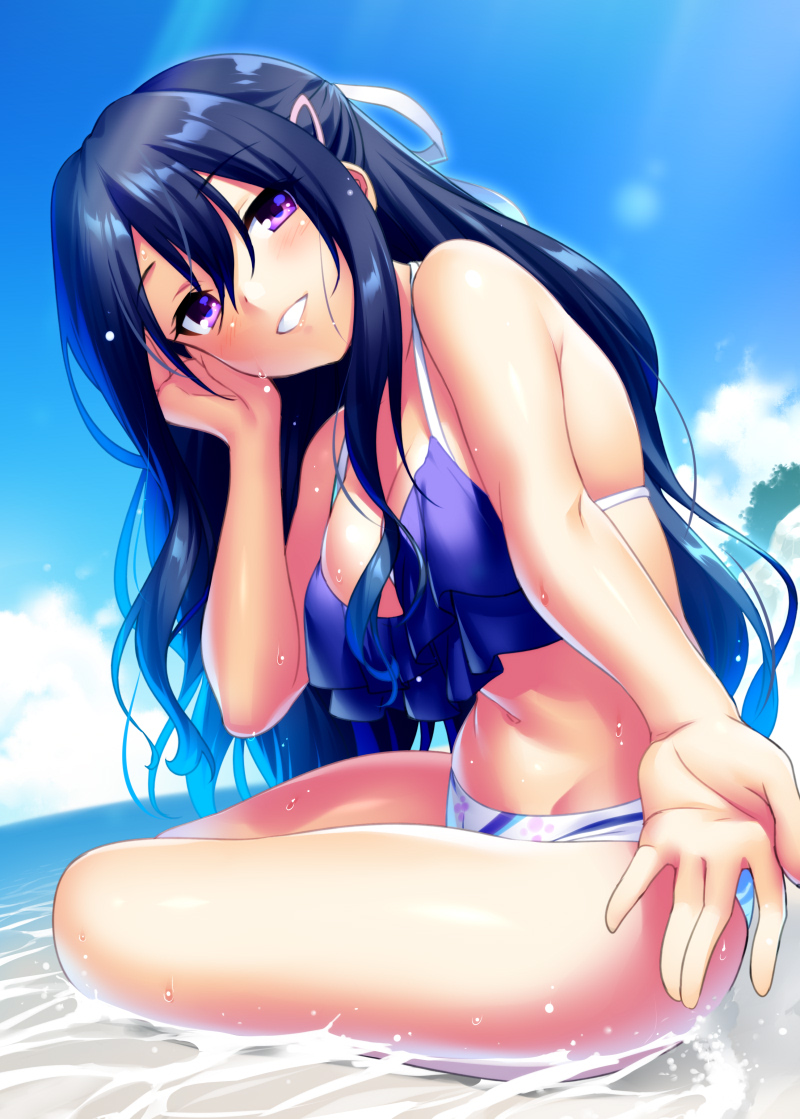 1girl bikini black_hair breasts commentary_request hair_ribbon hand_on_own_face head_tilt horizon izanami_kyouko kamisama_ni_natta_hi large_breasts long_hair looking_at_viewer mismatched_bikini ocean outstretched_arms parted_lips ribbon smile solo swimsuit water white_ribbon zen