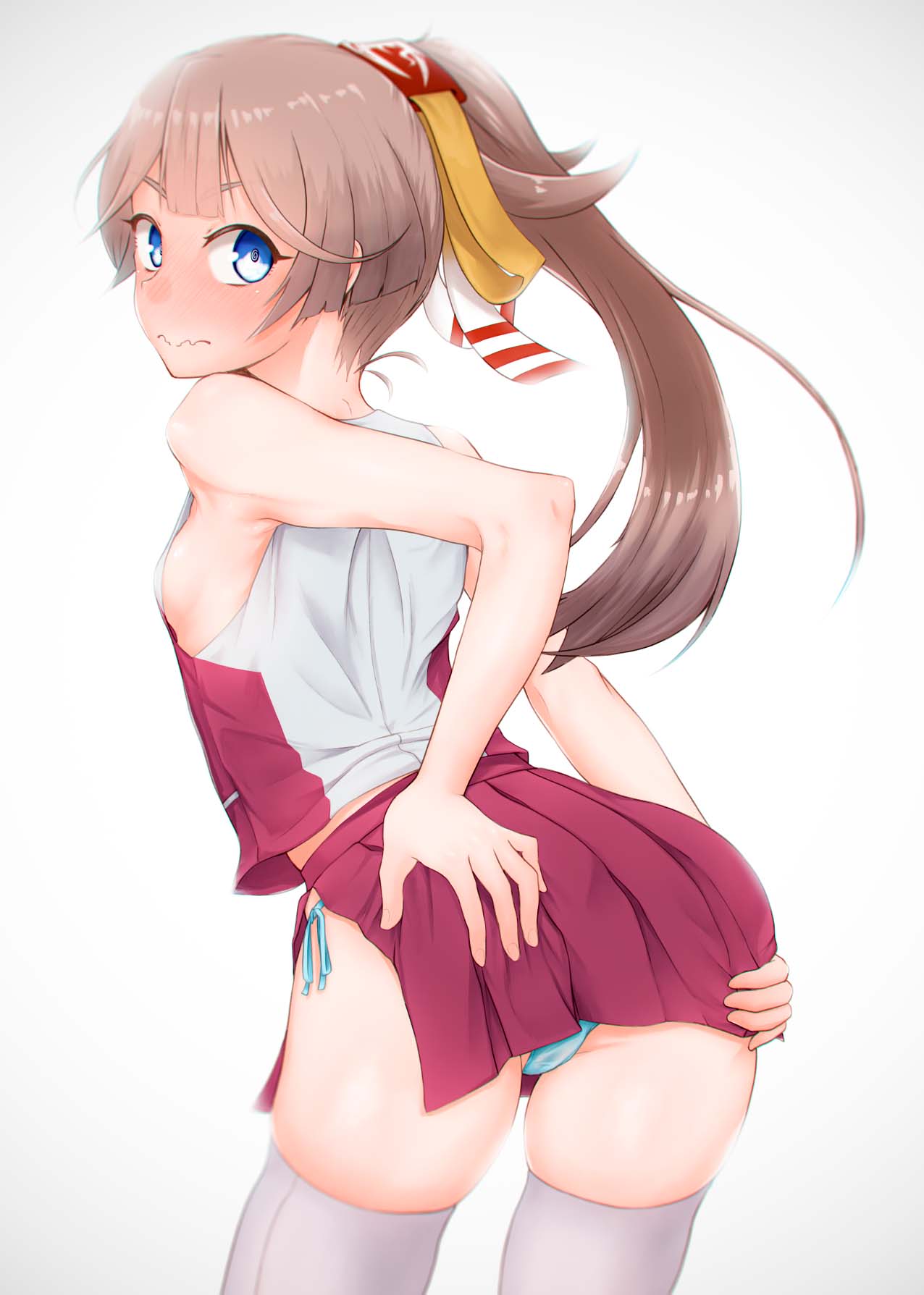1girl ass blue_eyes blue_panties blush breasts brown_hair commentary_request from_behind gradient gradient_background grey_legwear hair_ribbon hands_on_own_ass highres kantai_collection kazagumo_(kancolle) leaning_forward long_hair looking_at_viewer namiki_kojiro nose_blush panties pleated_skirt ponytail purple_skirt remodel_(kantai_collection) ribbon side-tie_panties skirt small_breasts solo surprised thighhighs underwear vest white_background