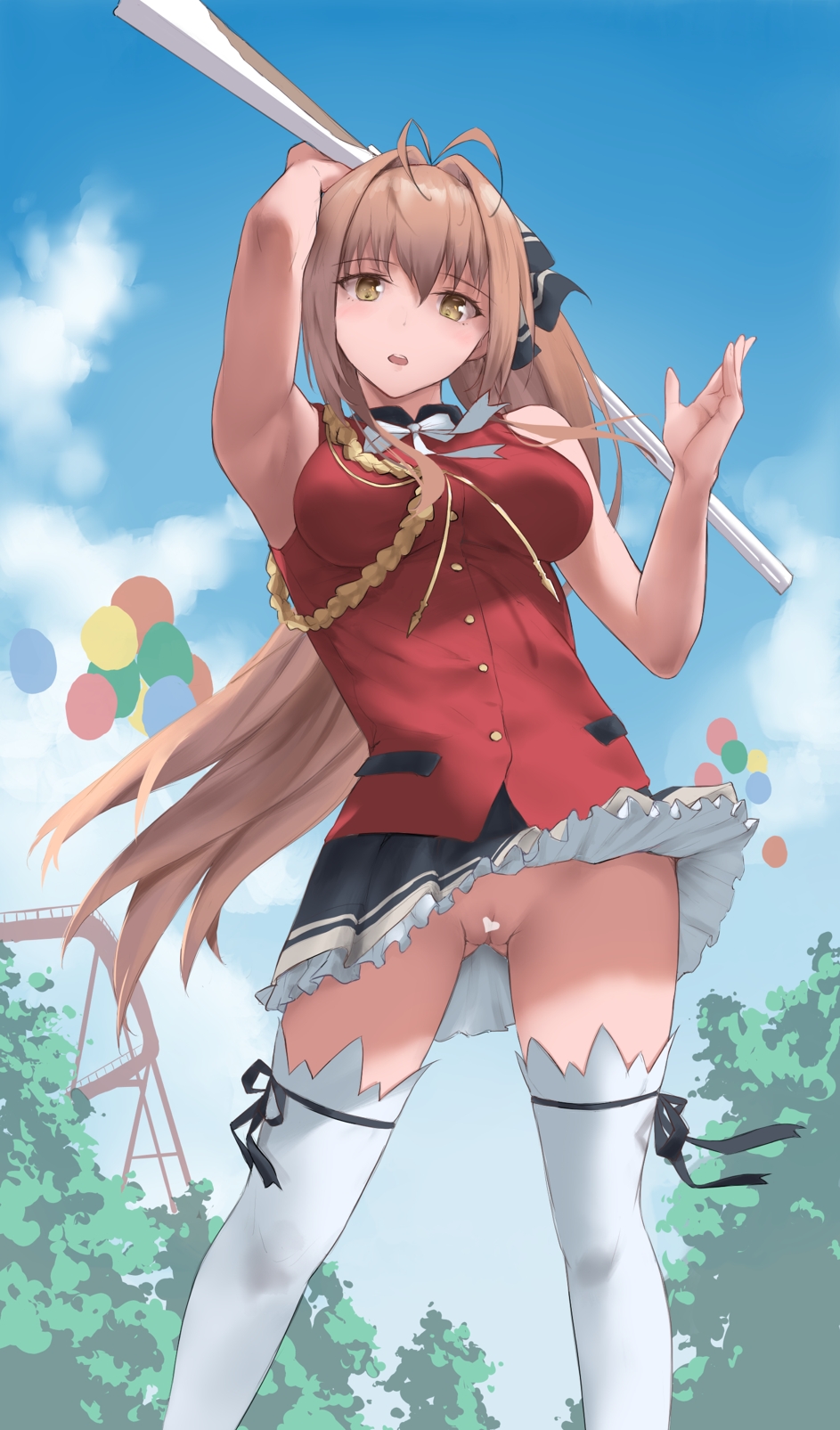 1girl amagi_brilliant_park antenna_hair arm_up armpits ass_visible_through_thighs bare_arms bare_shoulders black_ribbon blue_sky blush bow bowtie brown_hair censored day den_(kur0_yuki) feet_out_of_frame frilled_skirt frills hair_intakes hand_up heart heart_censor highres long_hair looking_at_viewer miniskirt no_panties open_mouth outdoors pleated_skirt ponytail pussy red_vest ribbon sento_isuzu skirt sky sleeveless solo standing thighhighs upskirt very_long_hair vest white_bow white_legwear white_neckwear wind wind_lift yellow_eyes