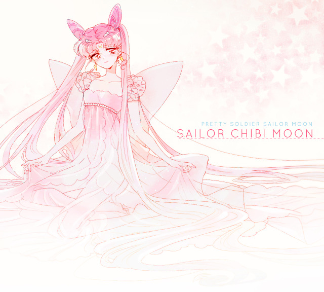 1girl barefoot bishoujo_senshi_sailor_moon blush buruburu18 character_name chibi_usa copyright_name crescent_facial_mark dress earrings english_text frilled_sleeves frills hair_cones hair_ornament hairpin jewelry kneeling long_hair older pink_dress pink_hair red_eyes simple_background skirt_hold small_lady_serenity smile solo star_(symbol) very_long_hair