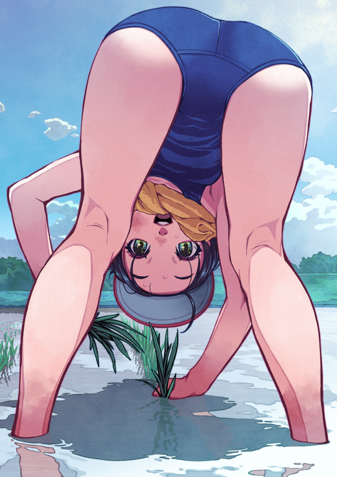 1girl ass baseball_cap black_hairband blush breasts cloud commentary foliage from_behind full_body green_eyes hairband hat looking_at_viewer looking_through_legs original outdoors partially_submerged plant planting red_headwear rice_paddy rice_planting school_swimsuit sky small_breasts swimsuit towel towel_around_neck wang-pac water