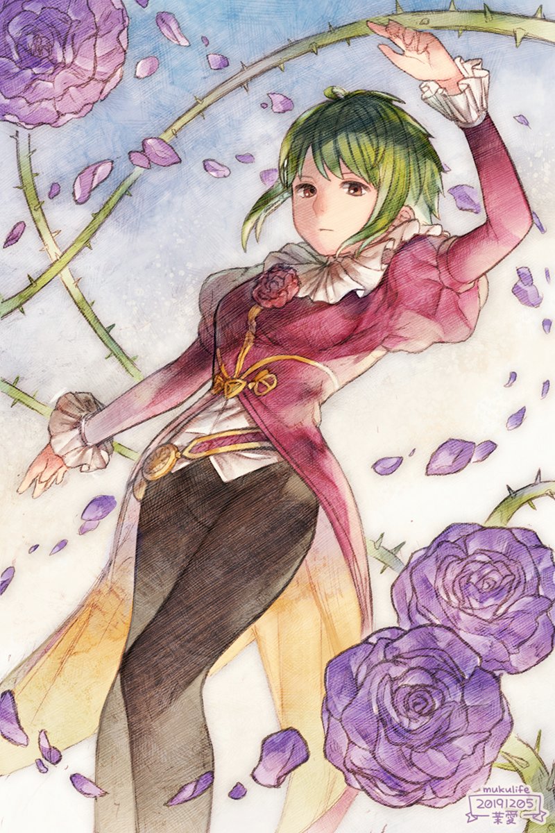 1girl artist_name asellus_(saga_frontier) breasts brown_eyes closed_mouth dated dress flower green_hair highres looking_at_viewer mai_(tsupiem) red_flower red_rose rose saga saga_frontier short_hair signature solo thorns