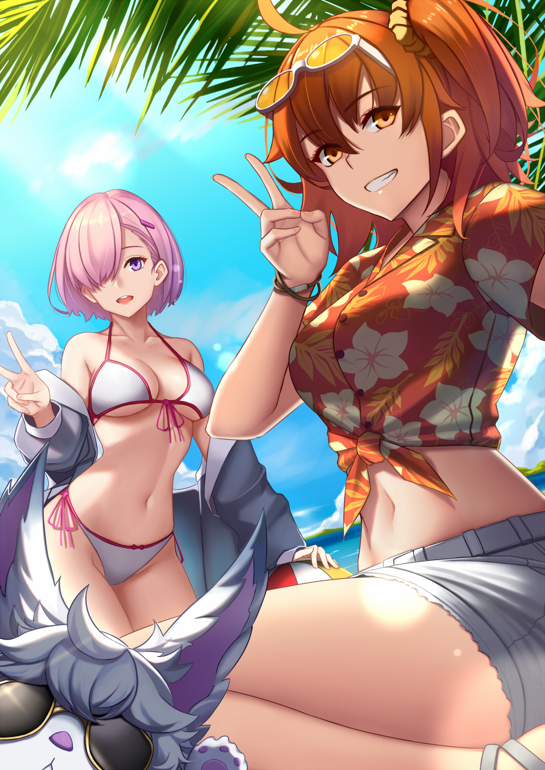 2girls ahoge bangs bare_shoulders beach bikini blue_sky breasts cleavage collarbone dydydyok eyewear_on_head fate/grand_order fate_(series) floral_print fou_(fate) fujimaru_ritsuka_(female) grey_jacket grin hair_ornament hair_over_one_eye hair_scrunchie hawaiian_shirt highres jacket large_breasts light_purple_hair long_sleeves looking_at_viewer mash_kyrielight medium_breasts multiple_girls off_shoulder one_side_up open_mouth orange_eyes orange_hair purple_eyes red_shirt scrunchie shirt short_hair short_shorts short_sleeves shorts sky smile sunglasses swimsuit swimsuit_of_perpetual_summer thighs tropical_summer_(fate) v white_bikini white_shorts