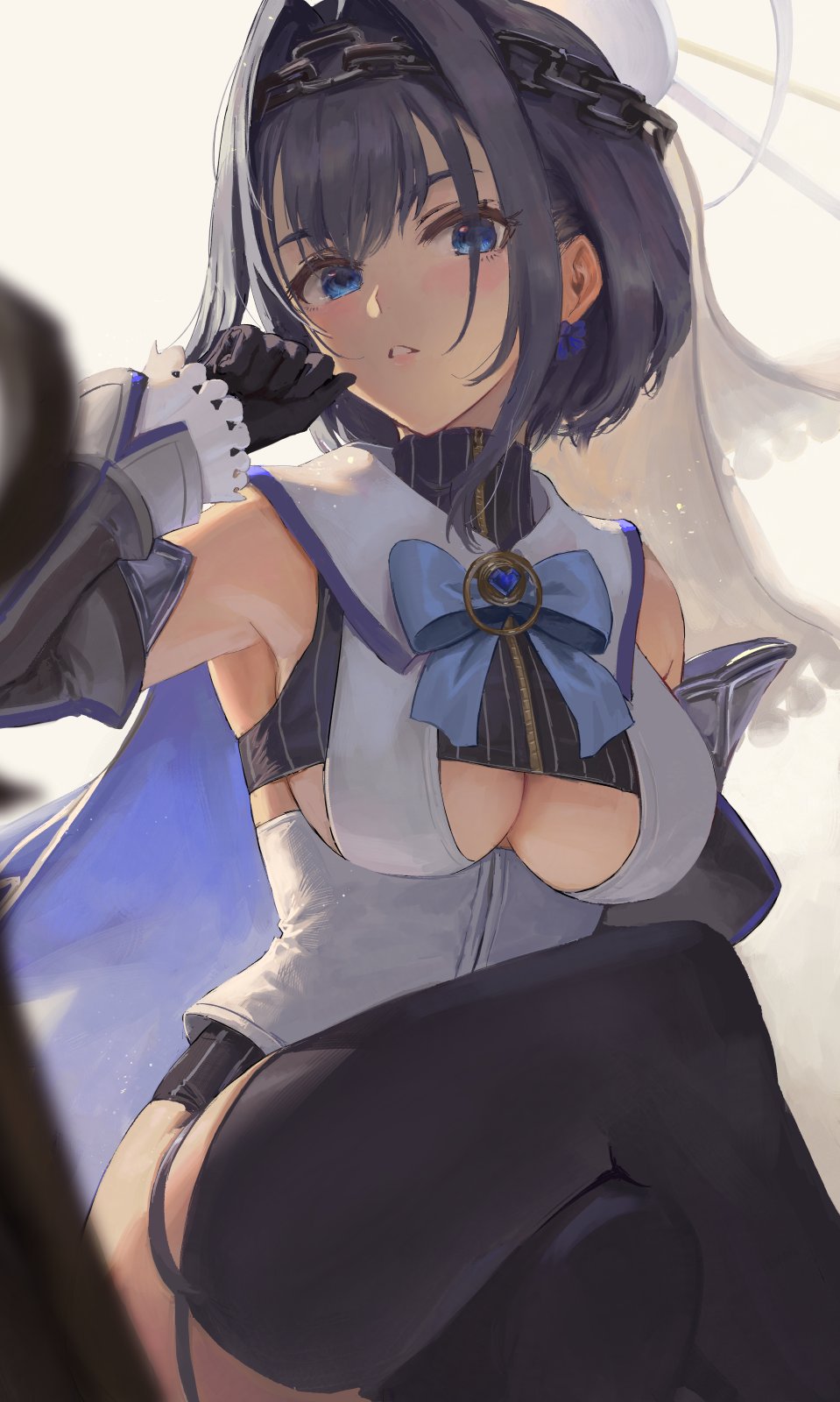 1girl armpits athenawyrm black_gloves black_legwear blue_eyes blue_hair blush breasts chain cleavage cleavage_cutout clothing_cutout crossed_legs gloves hand_to_own_mouth headband highres hololive hololive_english looking_at_viewer medium_breasts ouro_kronii ribbon sitting solo thick_thighs thighhighs thighs underboob underboob_cutout zipper