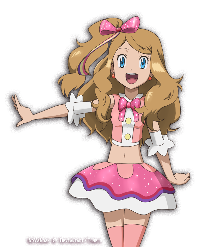 1girl :d blue_eyes bow bowtie buttons commentary earrings english_commentary eyebrows_visible_through_hair eyelashes hair_bow jewelry light_brown_hair long_hair navel noelia_ponce open_mouth outstretched_arm pink_bow pink_legwear pokemon pokemon_(anime) pokemon_xy_(anime) ribbon serena_(pokemon) skirt smile solo thighhighs tongue upper_teeth