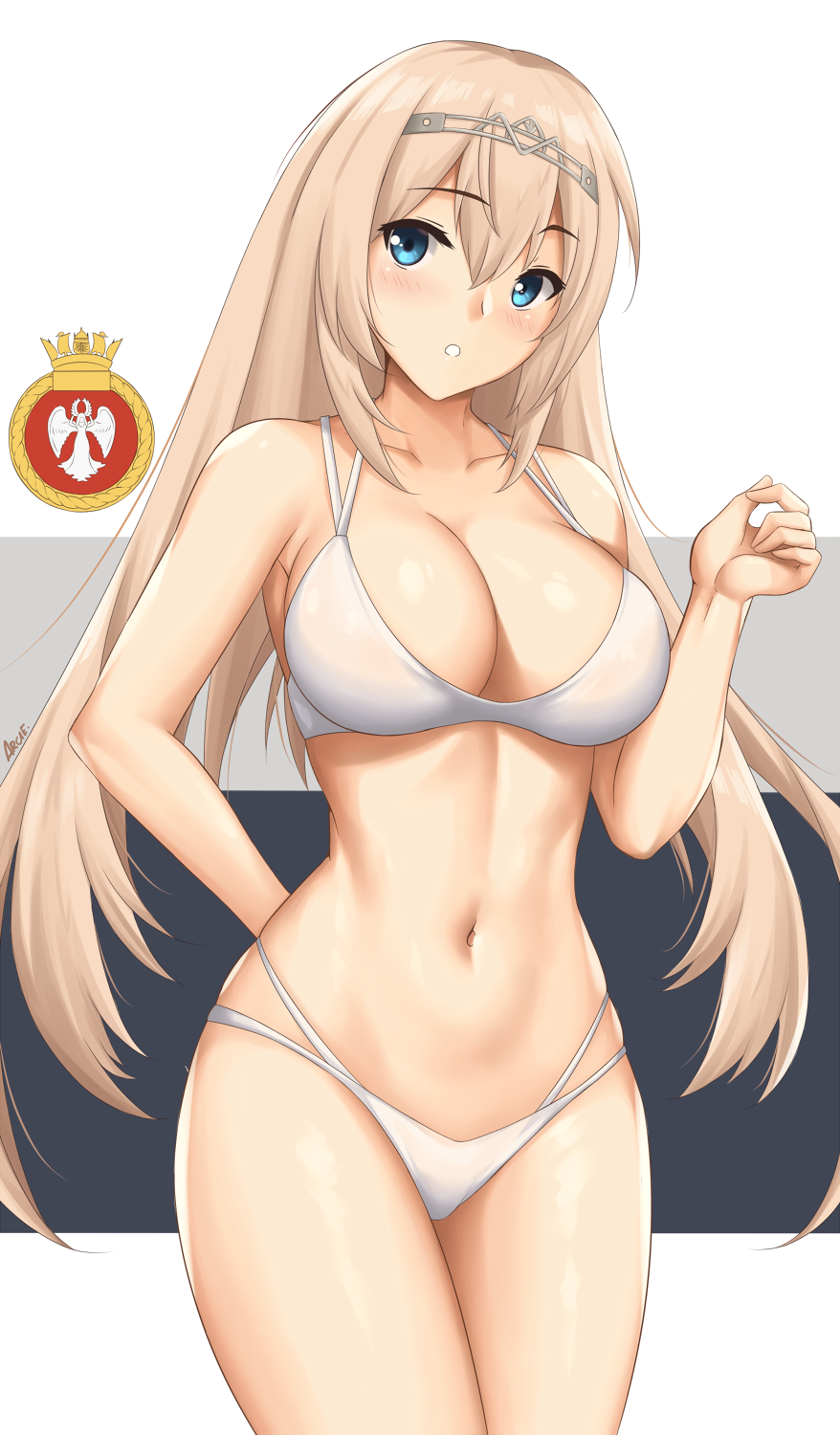 1girl arciealbano bare_arms bare_legs bare_shoulders bikini blonde_hair blue_eyes blush breasts cleavage collarbone cowboy_shot eyebrows_visible_through_hair hair_between_eyes highres kantai_collection large_breasts long_hair navel open_mouth signature solo swimsuit victorious_(kancolle) white_bikini