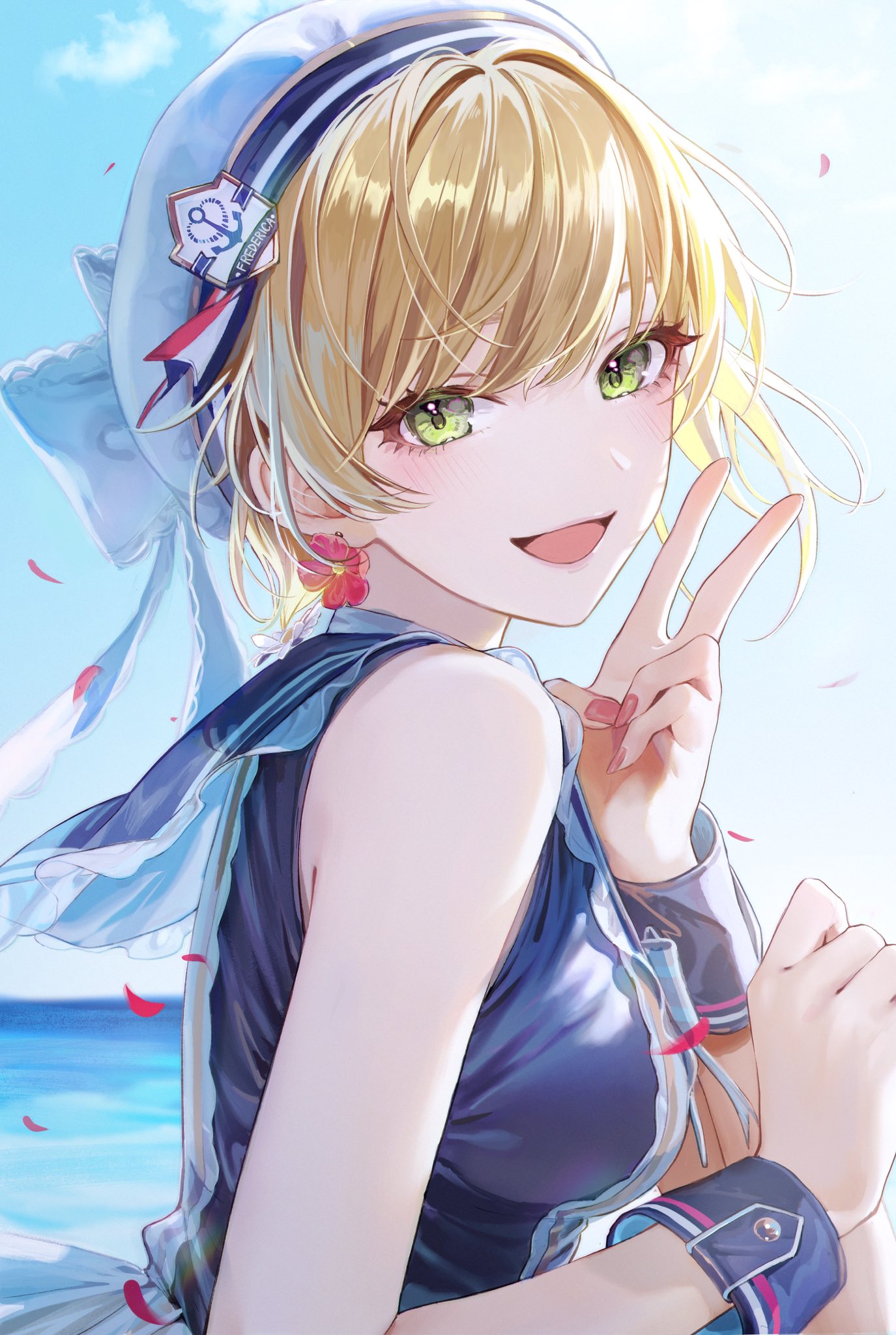 1girl blonde_hair blue_sky blurry blurry_background breasts character_name cloud commentary day earrings eyebrows_visible_through_hair eyelashes flower_earrings from_side green_eyes hand_up hat hat_ribbon highres horizon idolmaster idolmaster_cinderella_girls jewelry looking_at_viewer magako medium_breasts miyamoto_frederica nail_polish ocean open_mouth outdoors petals pink_nails ribbon shiny shiny_hair shirt short_hair sky sleeveless sleeveless_shirt smile solo symbol-only_commentary upper_body v white_headwear white_ribbon wrist_cuffs