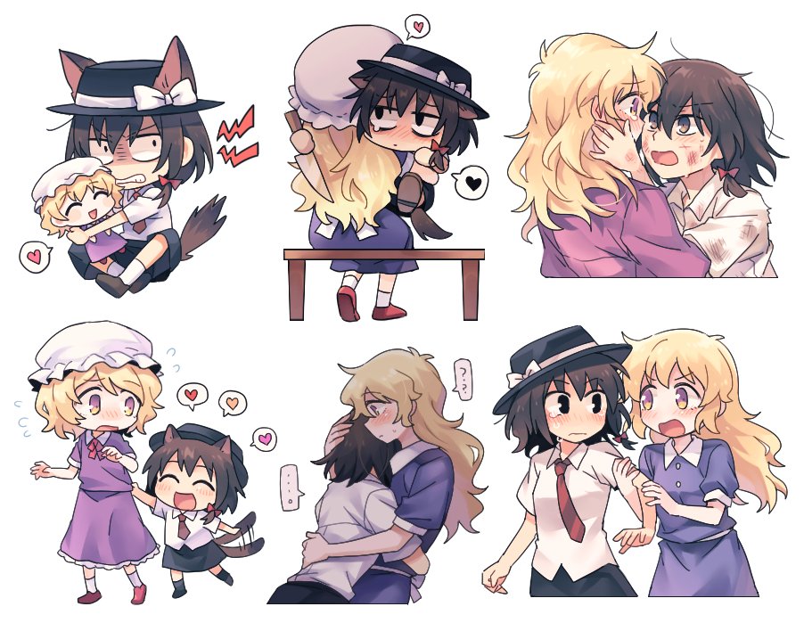 ... 2girls :d ? animal_ears arm_grab bangs black_footwear black_headwear black_skirt blonde_hair blush bow brown_footwear brown_hair brown_neckwear cat_ears cat_girl cat_tail chibi closed_eyes closed_mouth collared_dress collared_shirt commentary crying crying_with_eyes_open cuts dirty dirty_clothes doll dress dress_shirt eyebrows_visible_through_hair fedora frilled_dress frills frown hair_bow hand_on_another's_head hand_on_another's_waist hands_on_another's_face hat hat_bow heart holding holding_another holding_knife injury kemonomimi_mode knife long_hair looking_at_another looking_to_the_side maribel_hearn medium_hair messy_hair mob_cap multiple_girls necktie on_floor open_mouth purple_dress re_ghotion red_bow red_neckwear scratches shirt short_sleeves sitting sitting_on_bench skirt smile spoken_ellipsis spoken_heart spoken_question_mark spoken_sweatdrop striped striped_neckwear sweatdrop tail tail_wagging tears teeth touhou usami_renko white_bow white_shirt wolf_ears wolf_tail yuri