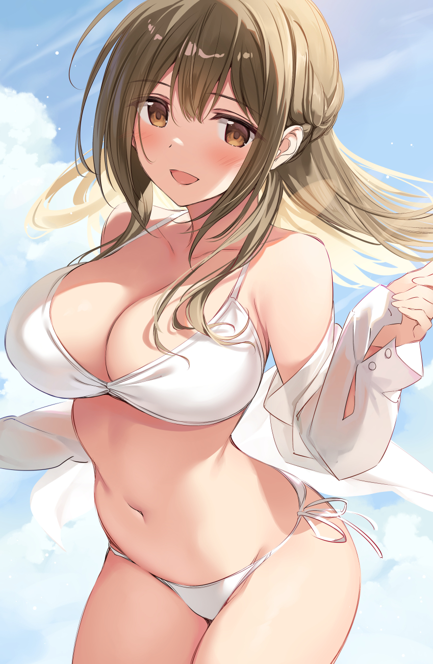 1girl bikini blue_sky breasts brown_eyes brown_hair cloud collarbone commentary_request eyebrows_visible_through_hair halterneck highres idolmaster idolmaster_shiny_colors kuwayama_chiyuki large_breasts long_hair looking_at_viewer navel open_mouth oryou shirt side-tie_bikini sky smile solo string_bikini swimsuit white_bikini white_shirt