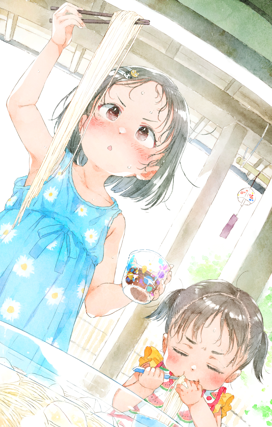 2girls :t arm_up bangs bare_arms bare_shoulders black_hair blue_dress blush brown_eyes cat_hair_ornament child chopsticks closed_eyes closed_mouth collarbone commentary cup dress drinking_glass eating floral_print food food_print forehead gomennasai hair_ornament hairclip highres holding holding_chopsticks holding_cup holding_food looking_up multiple_girls noodles original panda_hair_ornament parted_bangs parted_lips print_dress siblings sisters sleeveless sleeveless_dress soumen sweat twintails v-shaped_eyebrows watermelon_print white_dress wind_chime