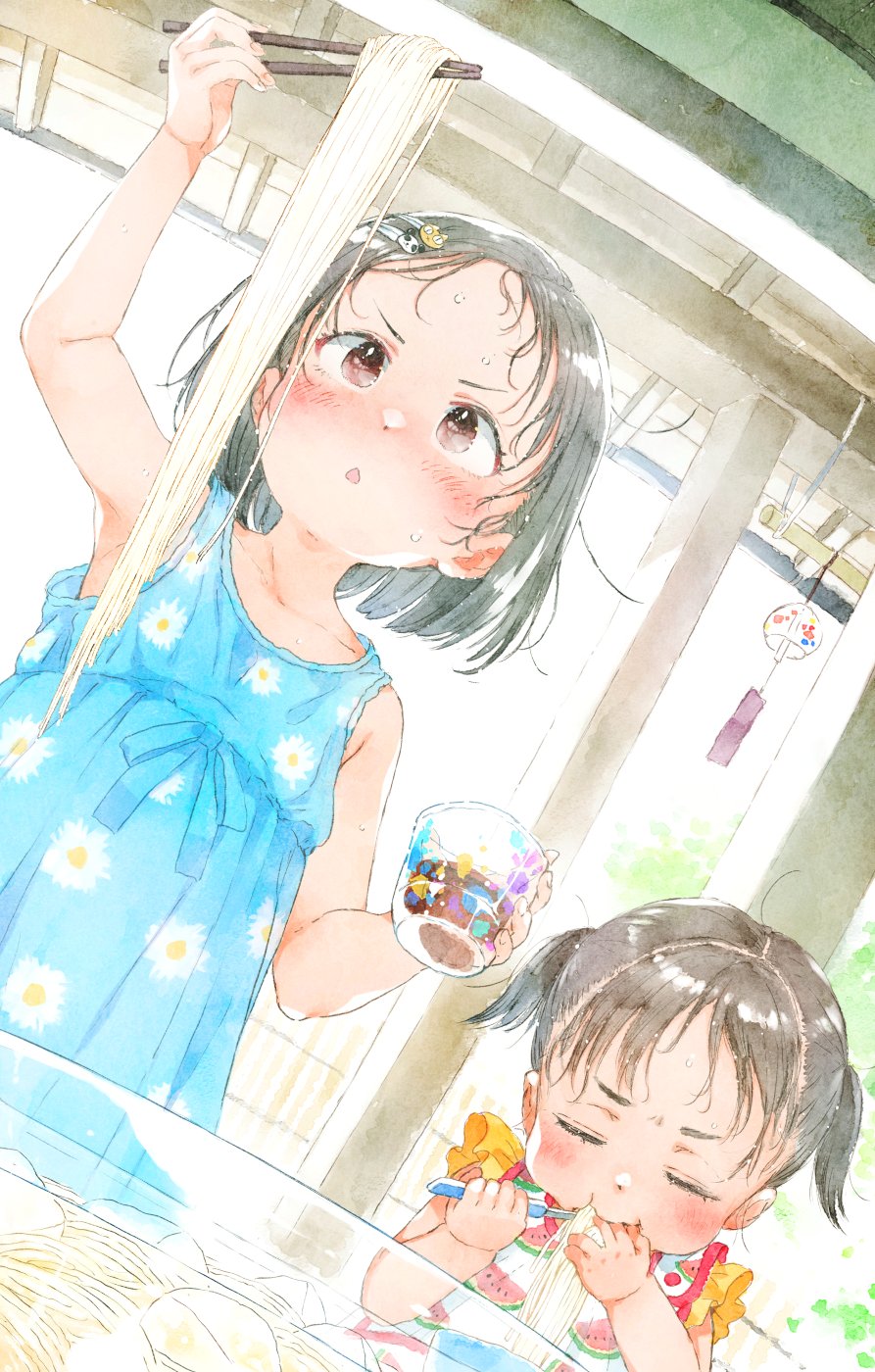 2girls :t arm_up bangs bare_arms bare_shoulders black_hair blue_dress blush brown_eyes cat_hair_ornament child chopsticks closed_eyes closed_mouth collarbone commentary_request cup dress drinking_glass eating floral_print food food_print forehead gomennasai hair_ornament hairclip highres holding holding_chopsticks holding_cup holding_food looking_up multiple_girls noodles original panda_hair_ornament parted_bangs parted_lips print_dress siblings sisters sleeveless sleeveless_dress sweat twintails v-shaped_eyebrows watermelon_print white_dress wind_chime