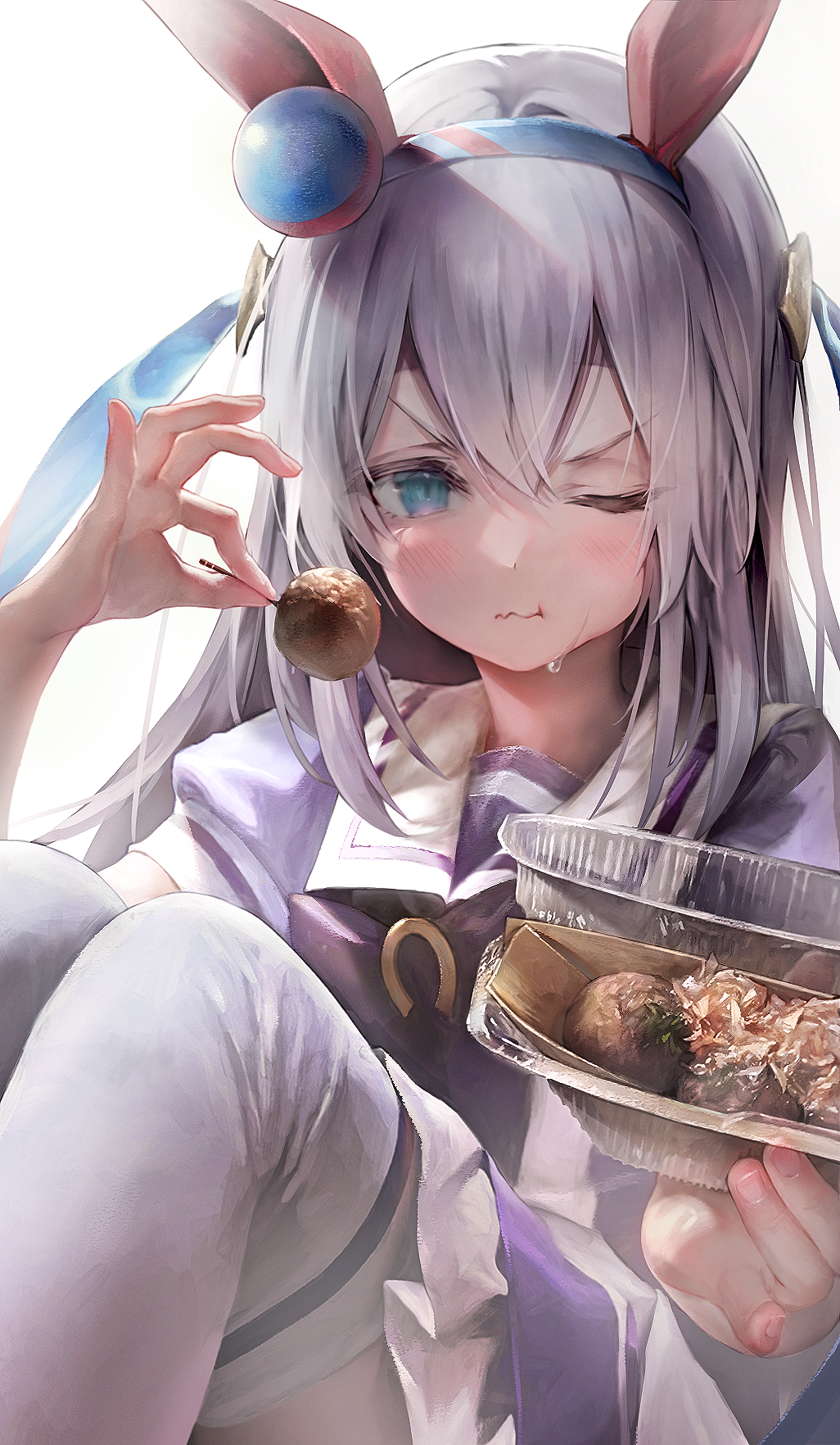 1girl :t animal_ears bangs blue_eyes blue_hairband blush bow bowtie closed_mouth commentary_request ear_covers eyebrows_visible_through_hair food hair_between_eyes hairband highres holding holding_food horse_ears horse_girl horseshoe_ornament kanechi long_hair looking_at_viewer purple_shirt revision sailor_collar school_uniform shirt short_sleeves silver_hair simple_background sitting skirt solo takoyaki tamamo_cross_(umamusume) thighhighs tracen_school_uniform umamusume v-shaped_eyebrows wavy_mouth white_background white_legwear white_sailor_collar
