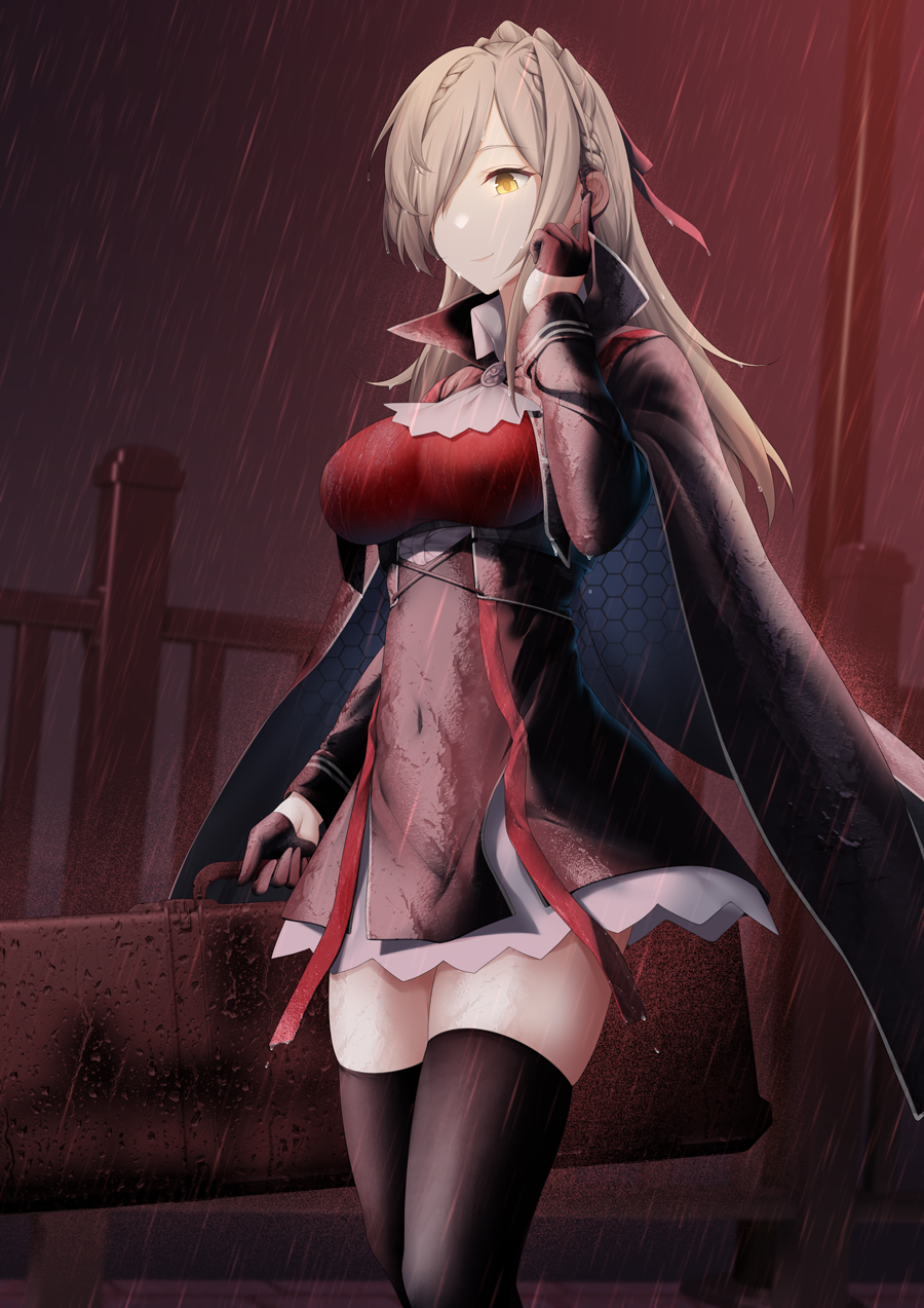 1girl blonde_hair braid breasts briefcase cape chinese_commentary collared_cape frilled_skirt frills gloves glowing glowing_eye hair_over_one_eye half_gloves highres holding holding_briefcase index_finger_raised lamp long_hair long_sleeves navel night railing rain skirt smile solo standing thighhighs warship_girls_r yellow_eyes zhixiang_zhi