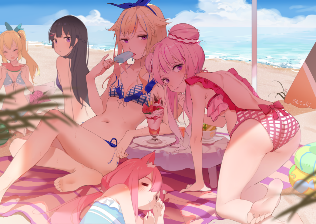 5girls animal_ears bangs barefoot beach beach_towel beach_umbrella bikini black_hair blonde_hair blue_swimsuit breasts cat_ears cleavage day double_bun drooling feet food frilled_swimsuit frills fruit half-closed_eyes himehina_channel hinata_channel ice_cream innertube looking_at_viewer mirai_akari mirai_akari_project multicolored_hair multiple_girls nekomiya_hinata nijisanji nogi_lace ocean outdoors parfait pink_hair pink_swimsuit popsicle purple_eyes saliva sand side-tie_bikini sidelocks sleeping small_breasts soles streaked_hair sunlight suzuki_hina swimsuit tanaka_hime towel tsukino_mito umbrella water watermelon