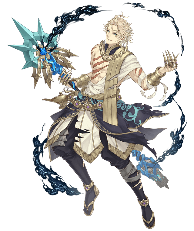 1boy aladdin_(character) asymmetrical_clothes blonde_hair blue_eyes bracer claw_ring full_body holding holding_staff ji_no looking_at_viewer official_art sandals scar sinoalice smoke solo staff torn_clothes transparent_background
