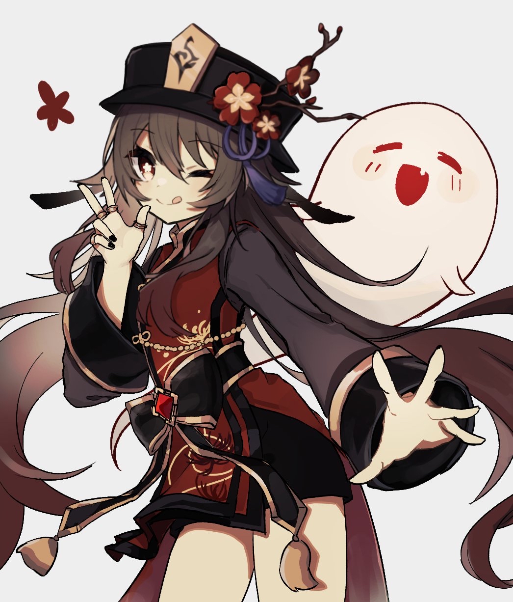 1225ka 1girl :q =d bangs bare_legs black_headwear black_nails black_shorts branch brown_hair chinese_clothes commentary_request cowboy_shot eyebrows_visible_through_hair flower flower-shaped_pupils from_side genshin_impact ghost hat hat_flower highres hu_tao_(genshin_impact) jewelry long_hair looking_at_viewer looking_back multiple_rings nail_polish one_eye_closed plum_blossoms porkpie_hat red_eyes red_flower red_shirt ring shirt shorts sidelocks simple_background solo tassel thumb_ring tongue tongue_out twintails w white_background