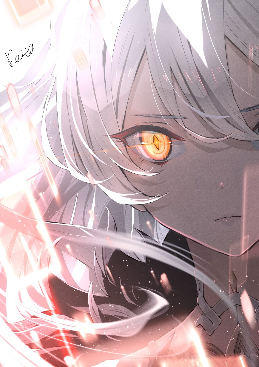 1girl artist_name bangs closed_mouth commentary_request eyebrows_visible_through_hair genshin_impact hair_between_eyes highres hoshizaki_reita looking_at_viewer orange_eyes portrait signature solo unknown_god_(genshin_impact) white_hair