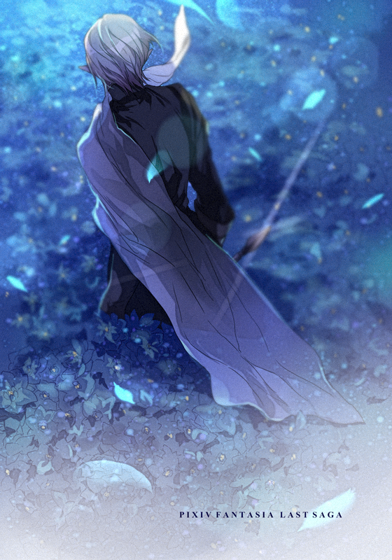 1boy blue_background blurry cape copyright_name erebas_the_demon_king field flower flower_field kai28 lens_flare outdoors petals pixiv_fantasia pixiv_fantasia_last_saga pointy_ears short_hair solo standing