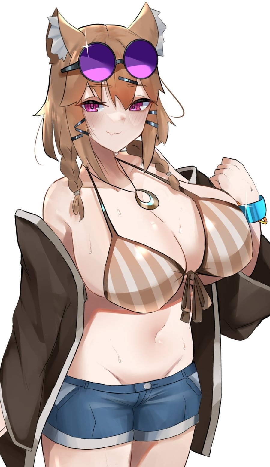 1girl animal_ear_fluff animal_ears arknights bikini bikini_top blonde_hair blue_shorts blush bracelet breasts commentary_request cowboy_shot denim denim_shorts eyewear_on_head fang hair_ornament hairclip hand_up highres huge_breasts jewelry looking_at_viewer navel necklace official_alternate_costume purple_eyes short_hair shorts simple_background skin_fang smile solo striped striped_bikini sunglasses sweat swimsuit unknownnoname0 utage_(arknights) utage_(summer_flowers)_(arknights) white_background