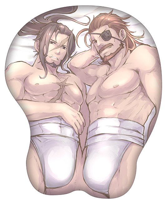 2boys abs bandages bara bare_pectorals beard brown_hair bulge bulge_mousepad eugen_(granblue_fantasy) eyepatch facial_hair from_below granblue_fantasy loincloth long_hair looking_at_viewer male_focus mature_male mousepad_(medium) multiple_boys muscular muscular_male mustache nipples norazo on_bed pectorals ponytail rackam_(granblue_fantasy) revealing_clothes scar scar_on_chest thick_thighs thighs