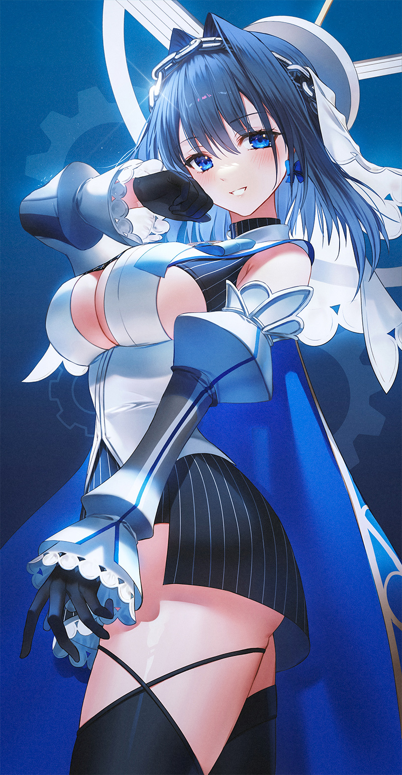 1girl :d black_legwear blue_background blue_eyes blue_hair blush breasts chain cleavage cowboy_shot detached_sleeves earrings gears gleam gloves hair_intakes hand_on_own_face headpiece highres hololive hololive_english jewelry kh_(kh_1128) large_breasts looking_at_viewer medium_breasts open_mouth ouro_kronii ribbon short_hair sideboob smile solo thighhighs thighs underboob virtual_youtuber
