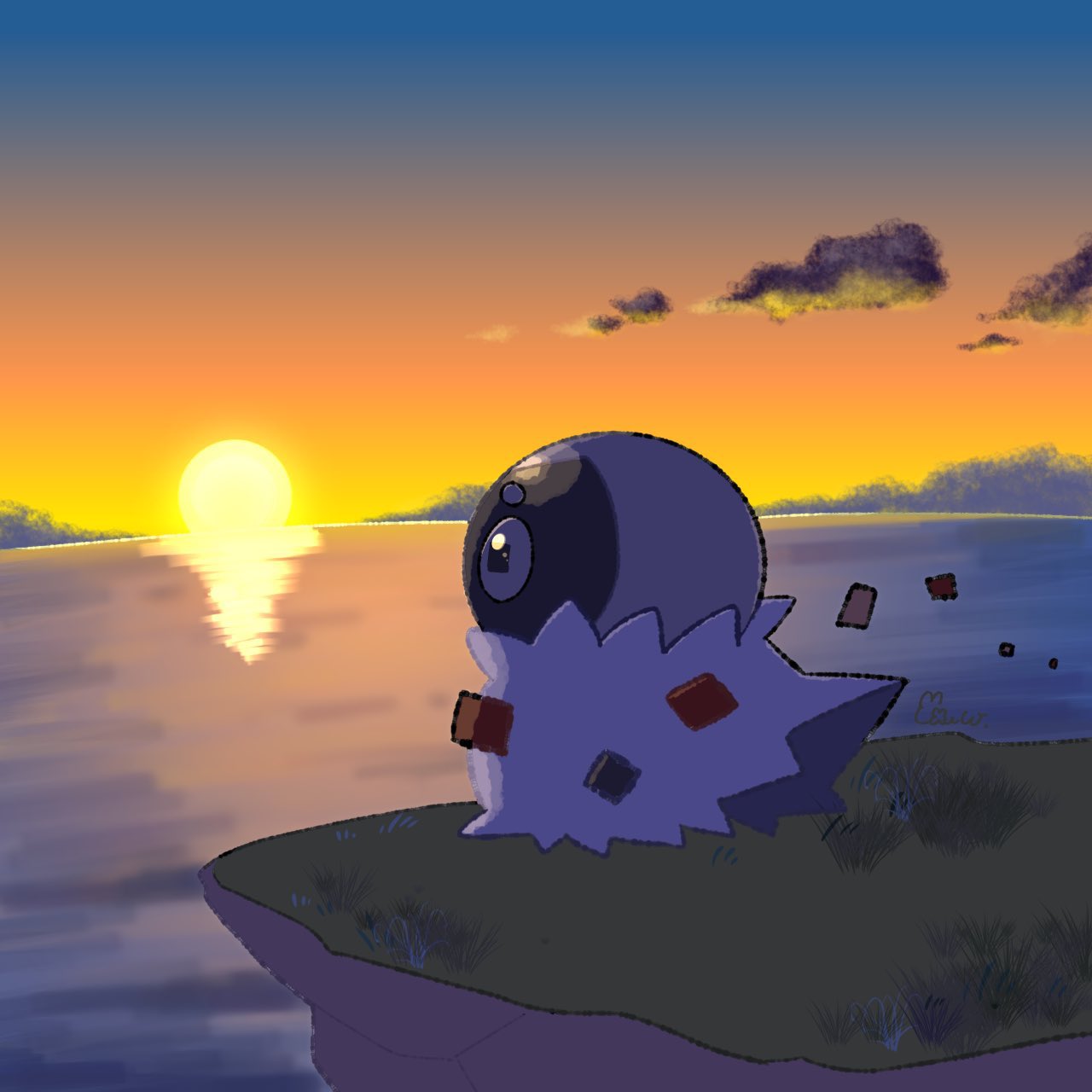 black_eyes cliff cloud creature evening from_side full_body gen_6_pokemon gradient_sky grass highres no_humans oekakisulungo orange_sky outdoors pokemon pokemon_(creature) reflection sky solo spewpa sun sunset twilight water wide_shot