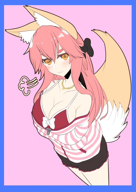 1girl :3 =3 animal_ear_fluff animal_ears black_ribbon blush bra breasts cleavage collarbone fate/extella fate/extra fate/extra_ccc fate/grand_order fate_(series) fox_ears fox_girl fox_tail large_breasts long_hair looking_at_viewer looking_up open_clothes open_shirt pink_background pink_bra pink_hair ribbon shirt simple_background solo striped striped_shirt tail tamamo_(fate) tamamo_no_mae_(fate/extra) totororo underwear yellow_eyes