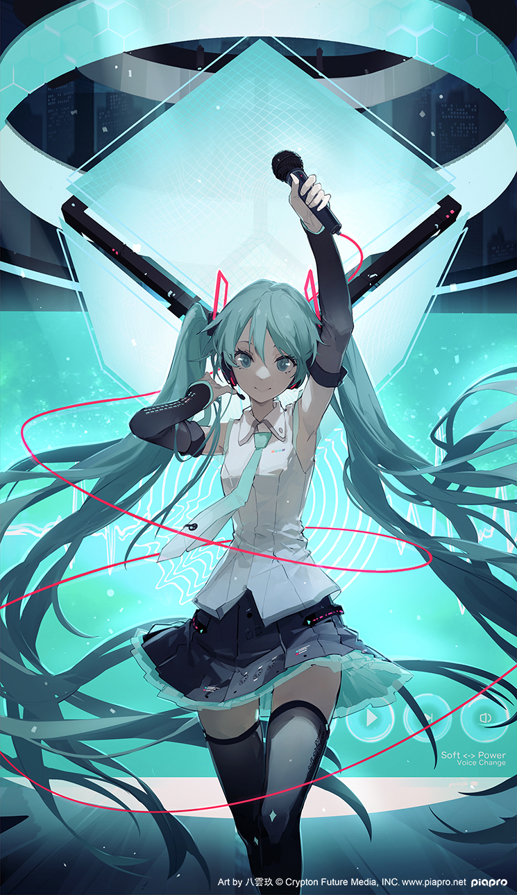 1girl aqua_eyes aqua_hair aqua_neckwear arm_up armpits bangs black_skirt black_sleeves closed_mouth collared_shirt detached_sleeves eyebrows_behind_hair grey_legwear hair_between_eyes hatsune_miku highres holding holding_microphone long_hair long_sleeves microphone necktie nine_(liuyuhao1992) official_art pleated_skirt shirt skirt sleeveless sleeveless_shirt smile solo thighhighs twintails very_long_hair vocaloid watermark web_address white_shirt