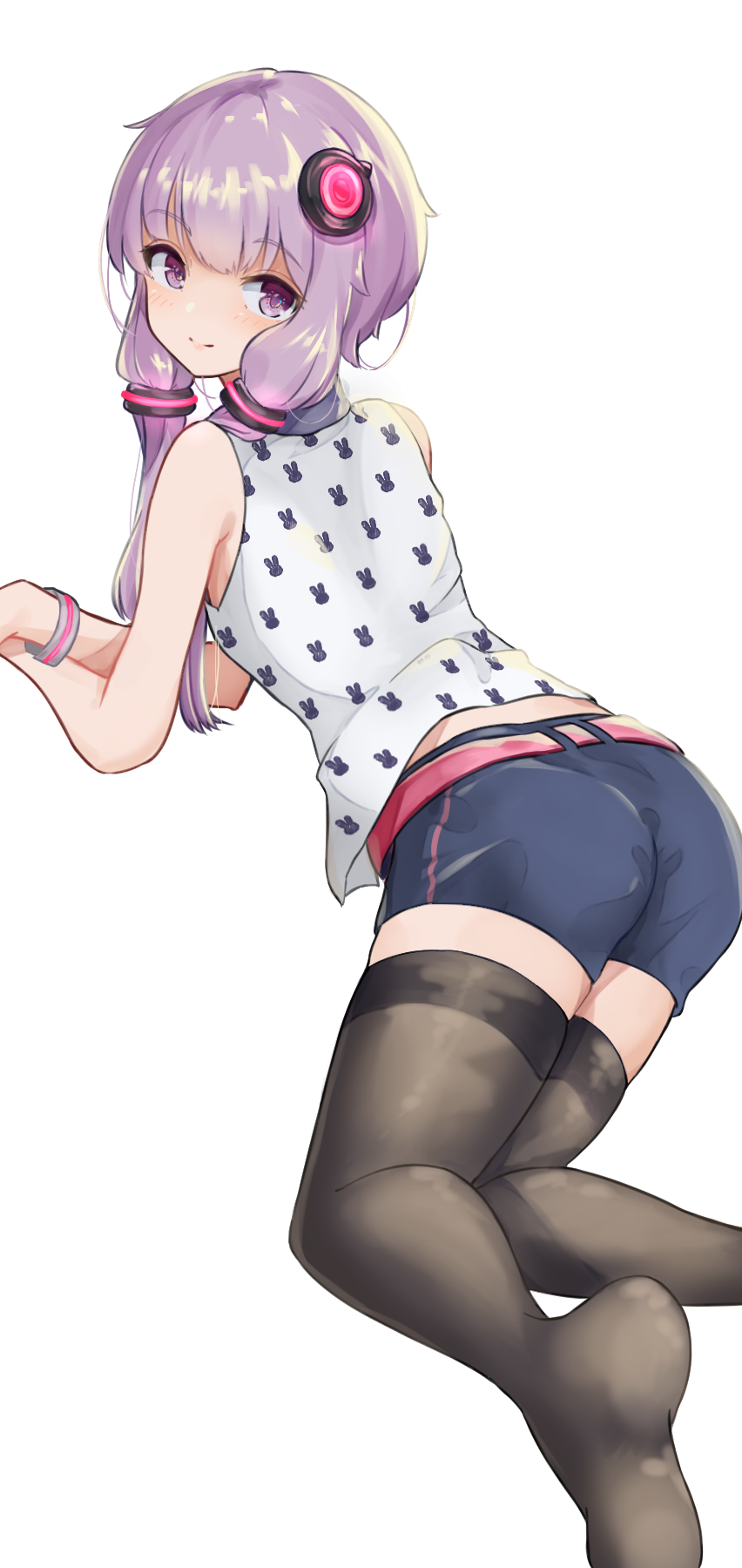 1girl animal_print ass bare_arms bare_shoulders black_legwear blue_shorts bunny_print closed_mouth feet_out_of_frame highres long_hair looking_at_viewer looking_back no_shoes print_shirt purple_eyes purple_hair shirt short_shorts shorts simple_background sleeveless sleeveless_shirt smile soles solo thighhighs vocaloid voiceroid white_background white_shirt yusake_san yuzuki_yukari