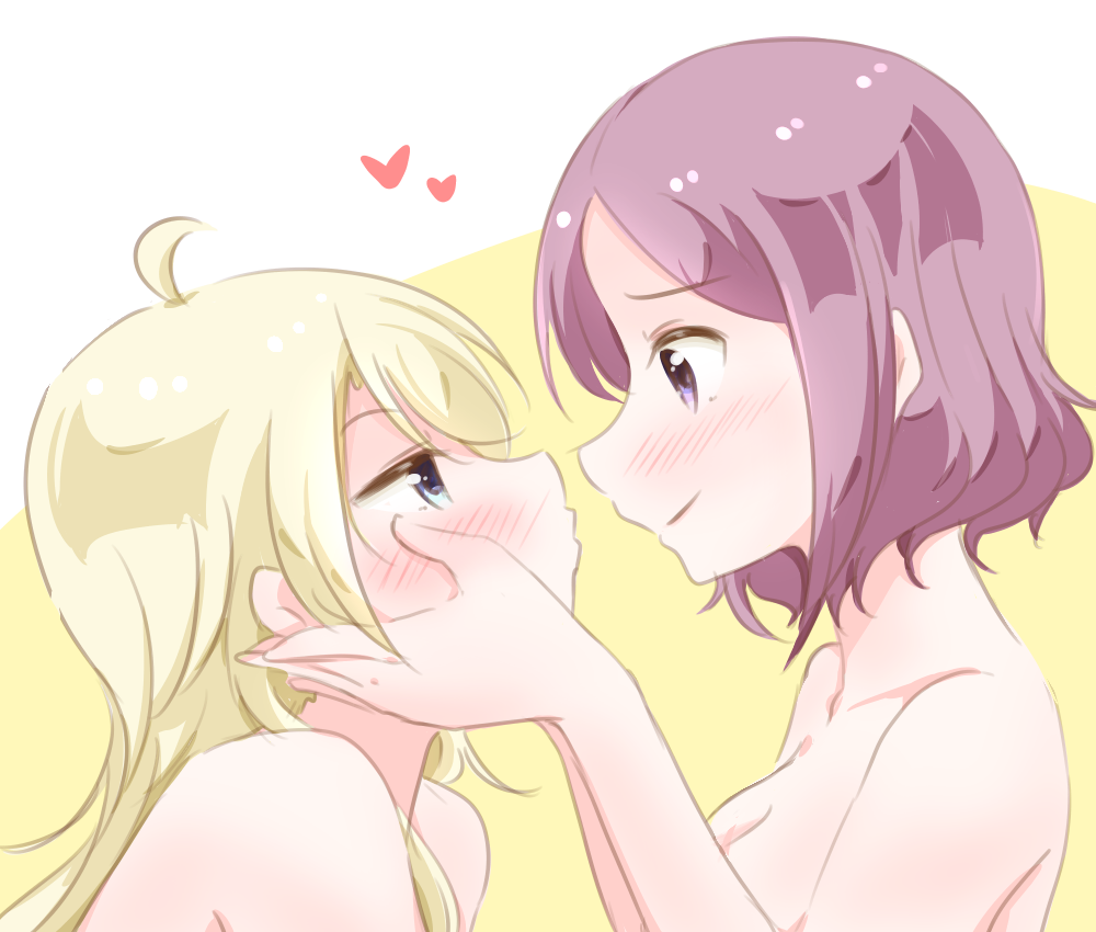 2girls ahoge blonde_hair blue_eyes blush breasts cleavage eye_contact facing_another hands_on_another's_face heart imminent_kiss long_hair looking_at_another multiple_girls new_game! nude pink_hair profile purple_eyes short_hair smile tooyama_rin upper_body yagami_kou yuri yuuki_(yunky373)
