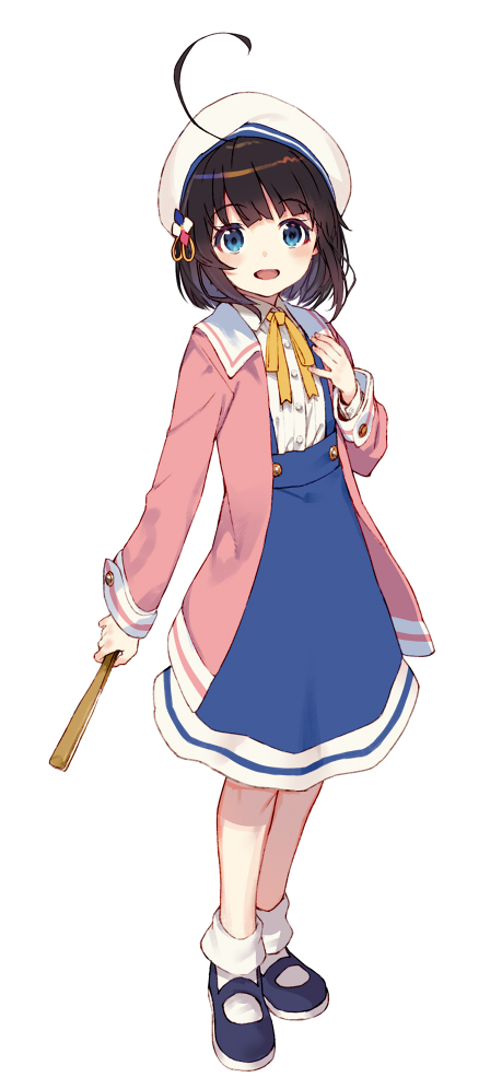 1girl ahoge alternate_hairstyle beret blue_eyes blue_footwear blush brown_hair commentary_request full_body hand_fan hat hinatsuru_ai holding holding_fan long_sleeves looking_at_viewer open_mouth ribbon ryuuou_no_oshigoto! school_uniform shirabi shoes short_hair simple_background smile solo standing white_background white_headwear yellow_neckwear yellow_ribbon